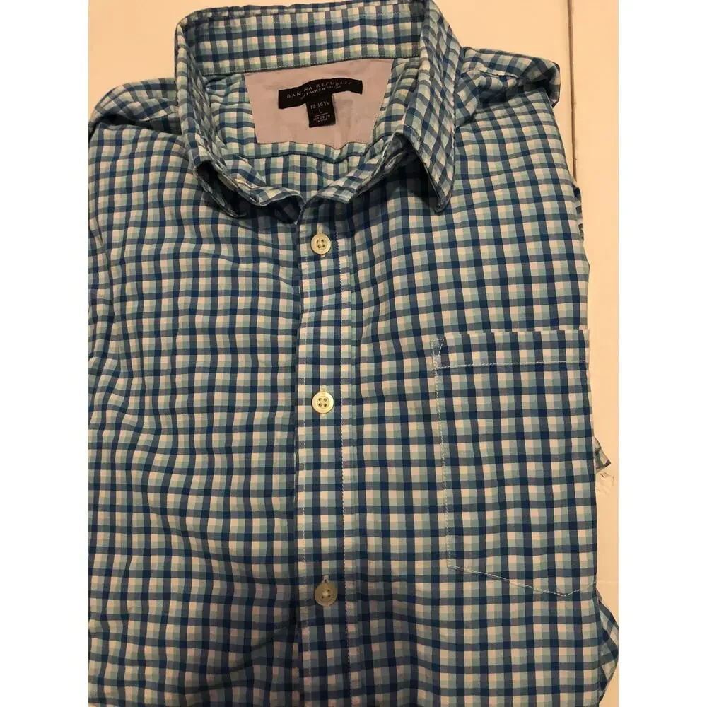 Banana Republic Shirt Mens Large Button Up Dress Shirt Blue Plaid Check 16 A5